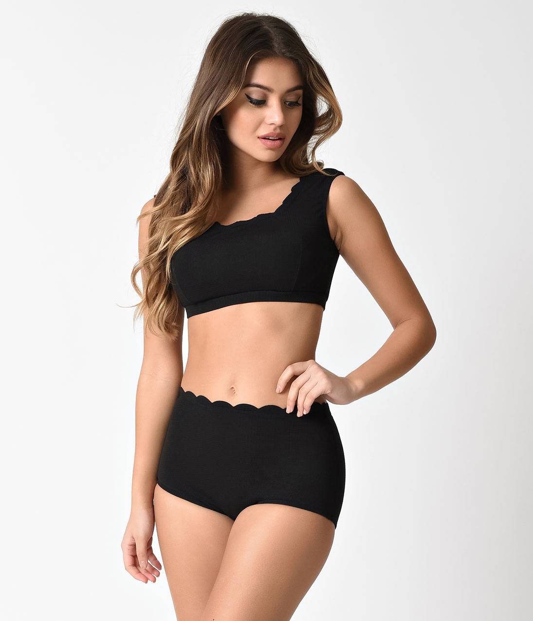 Black Scalloped Two Piece High Waist Swimsuit
